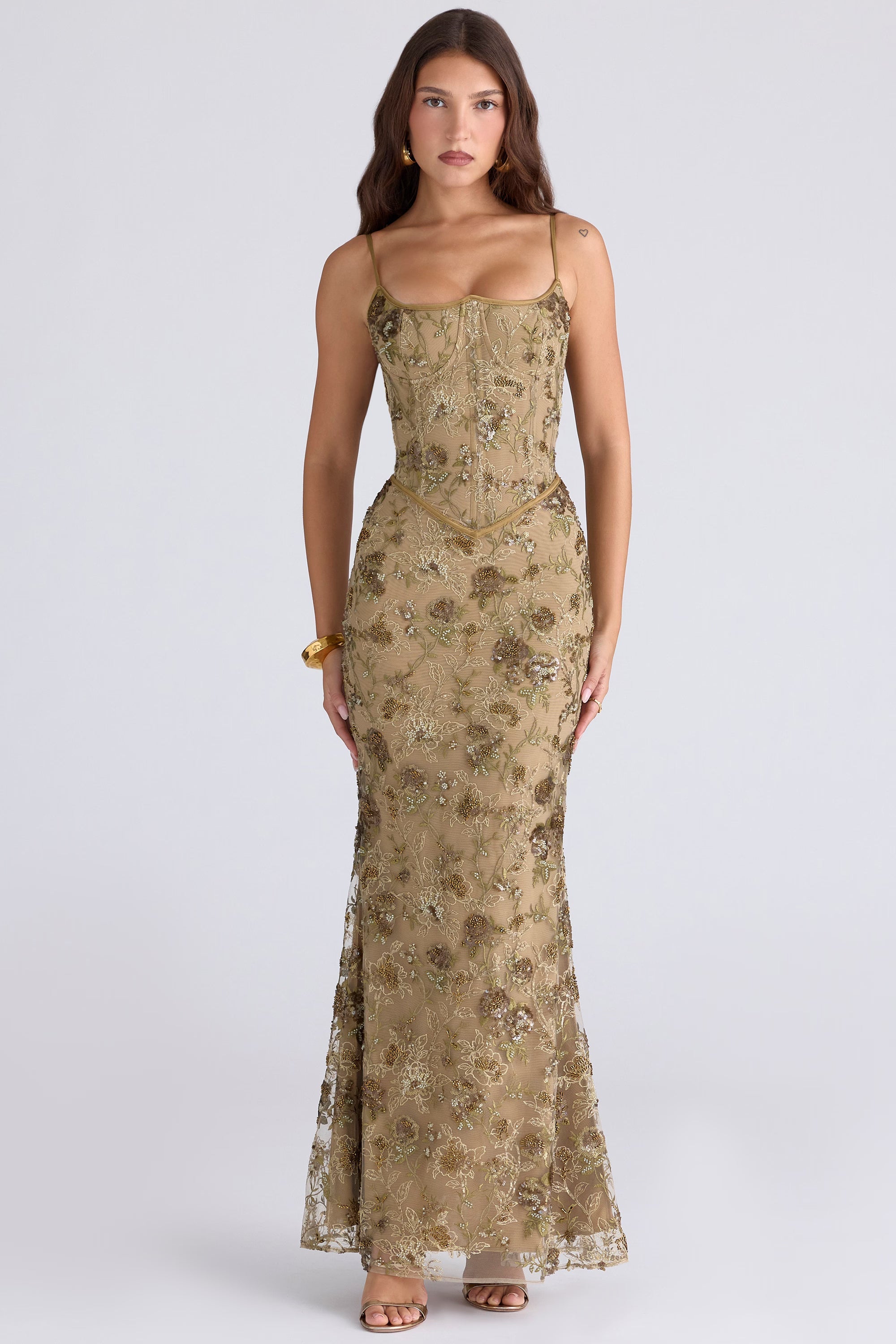 olive bronze hand beaded embellished corset maxi dress - limited edition
