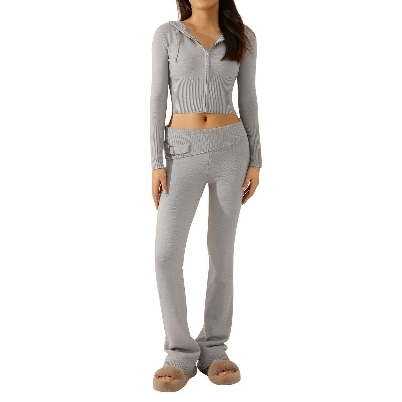High Waist Straight Leg Trousers In Grey Knit