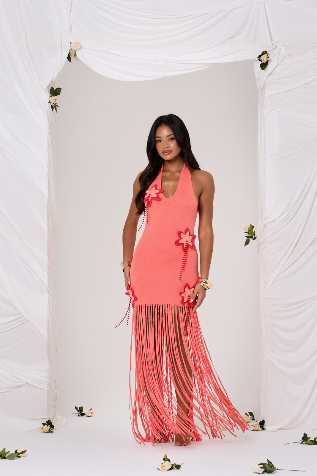 Peach Blossom Crochet Maxi Dress