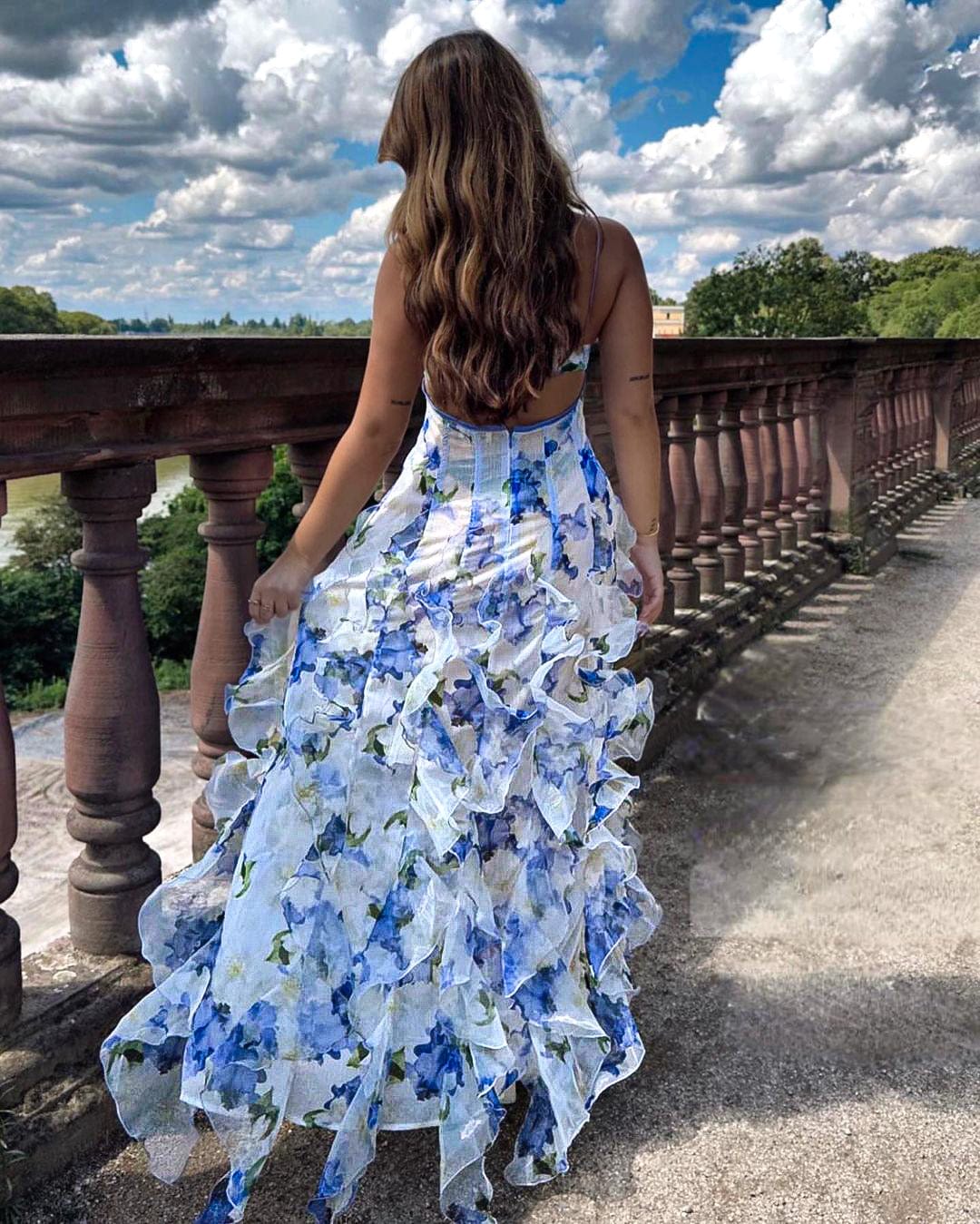 Blue Blossom Ruffle Maxi Dress