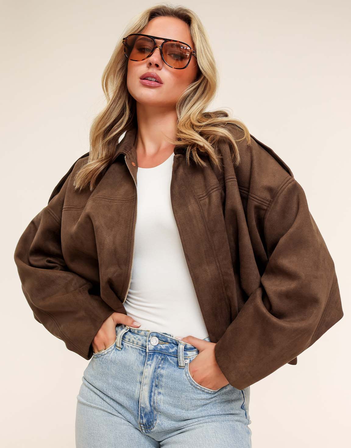 Dark Brown Suede Wide Bomber Jacket